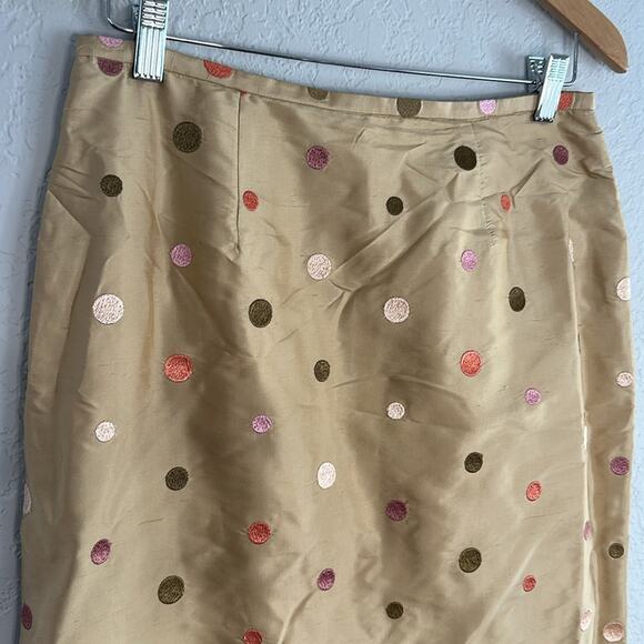 Spenser Jeremy 100% Silk Embroidered Polka Dot Skirt Tan Twee Preppy Office - Picture 4 of 6